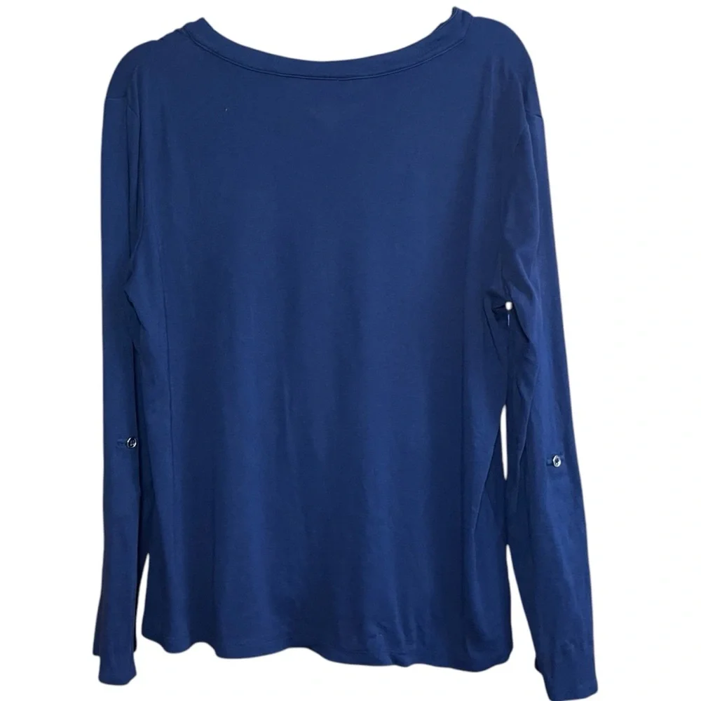 Chico’s Blue Relaxed Fit Henley Blouse | Mandarin Collar 3/4 Sleeve Casual Top